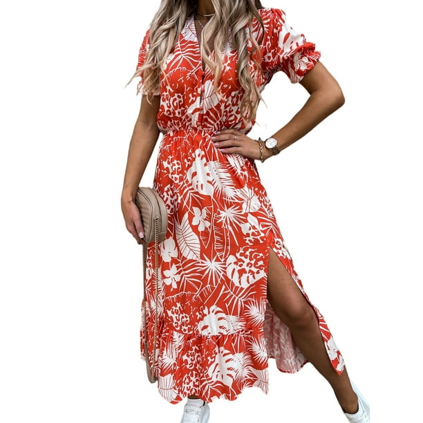 Women HAWAIIAN Dress A-Line Floral Midi Dress Beach Holiday Summer Party Dresses